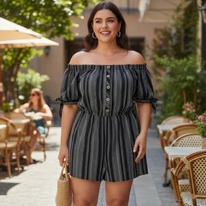 Plus Size Blush Off-Shoulder Striped Jumpsuit / 1 X